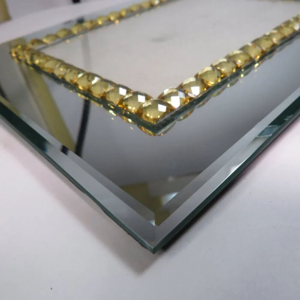 Beveled Mirror Glass Picture Frame with Yellow Rhinestone border High Quality